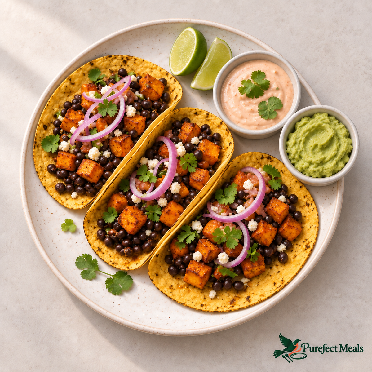 Three black bean and roasted sweet potato tacos with pickled onions, chipotle lime crema and avocado mash on the side.