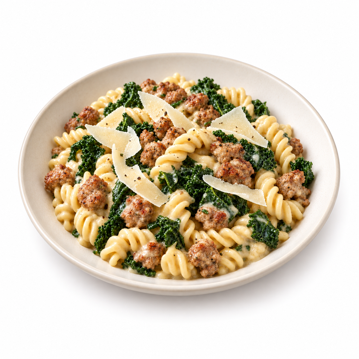 Sausage and kale fusilli with shaved Asiago on a fully visible ivory plate against white.