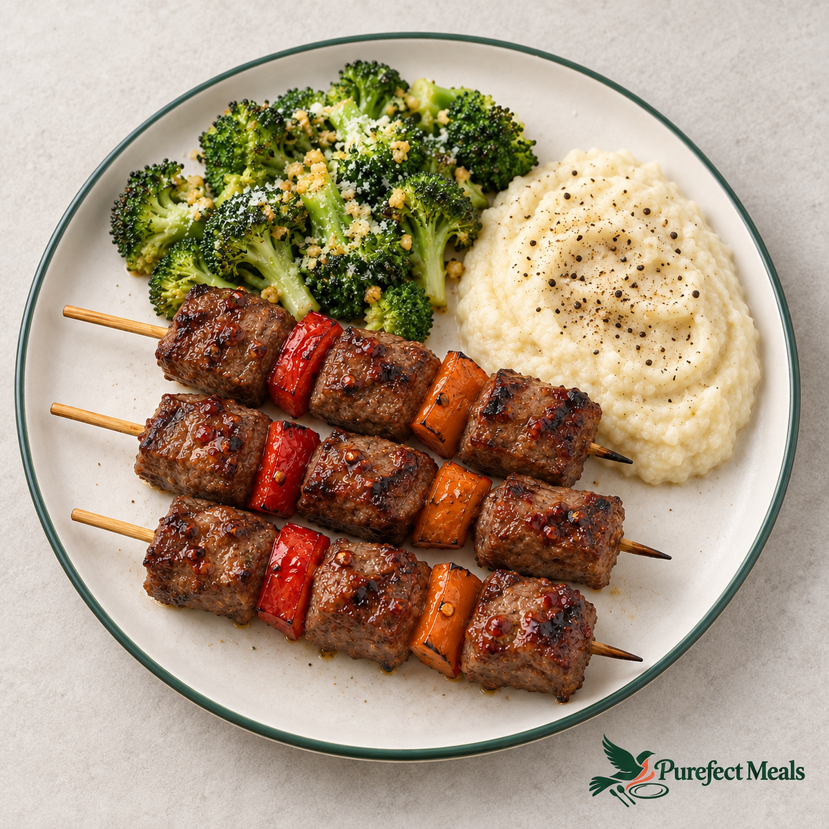 Three sweet chili beef skewers with red and orange peppers, garlic Parmesan broccoli, and black pepper cauliflower mash