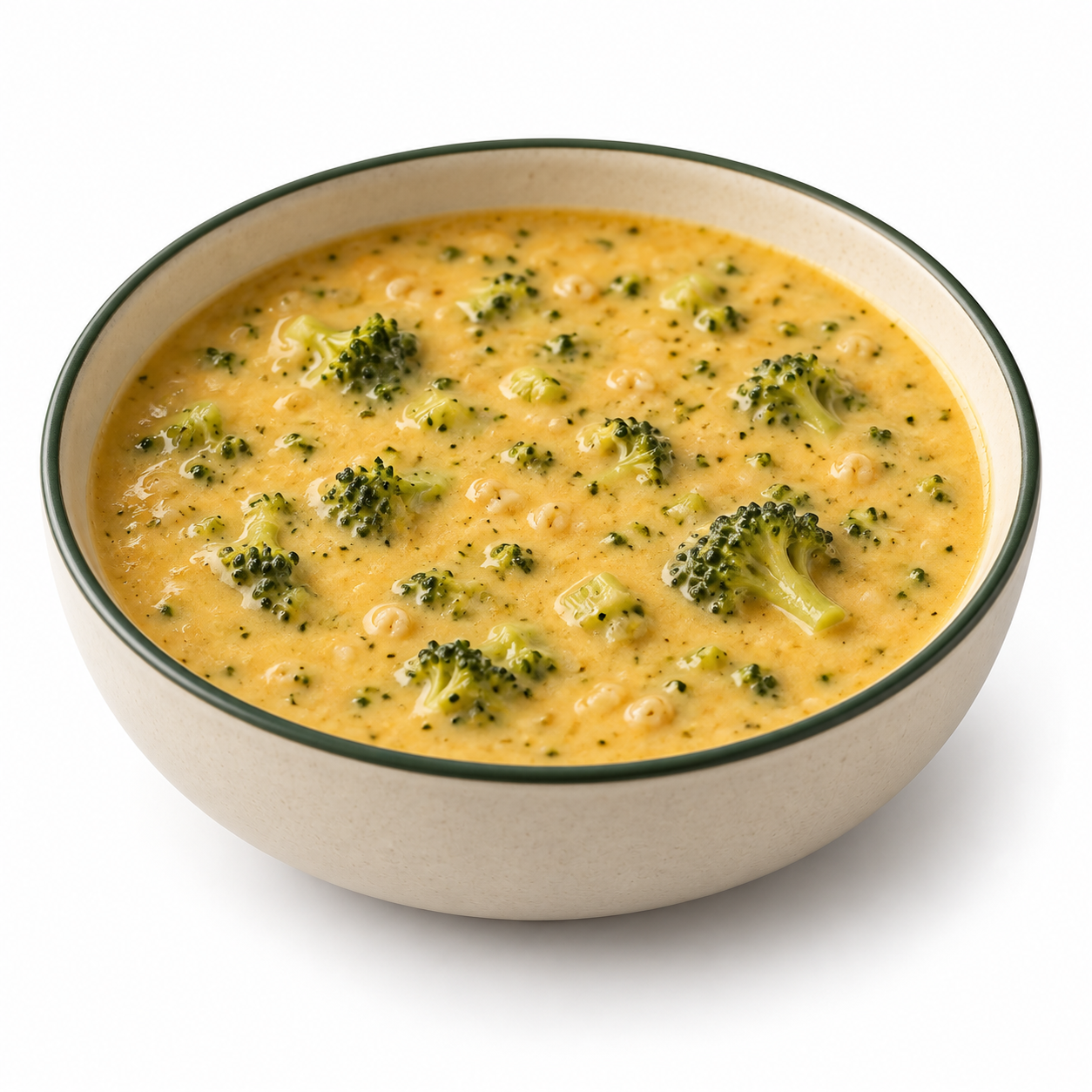 Broccoli Cheddar Soup in an ivory stoneware bowl with a forest-green rim on a white background