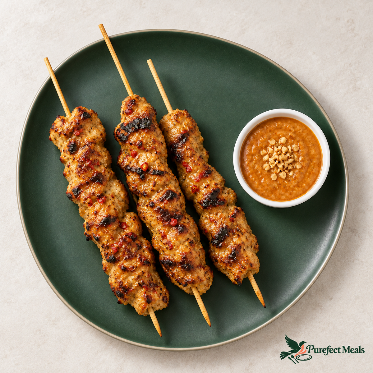 Three red-pepper-flecked chicken satay skewers with a one-ounce cup of red curry peanut sauce on a contemporary deep-green coupe plate