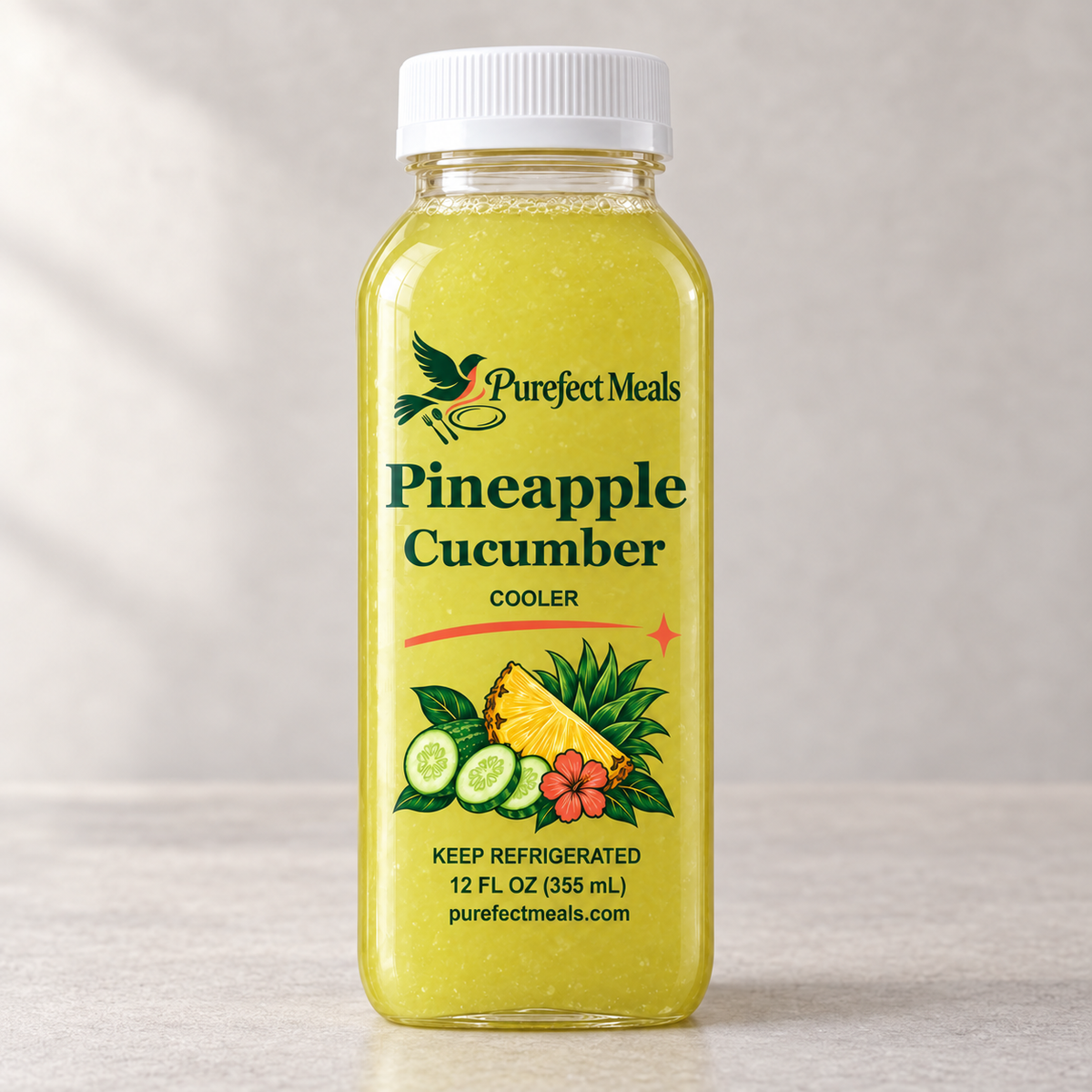 Pineapple Cucumber Cooler — Purefect Meals botanical bottle label, 12 oz