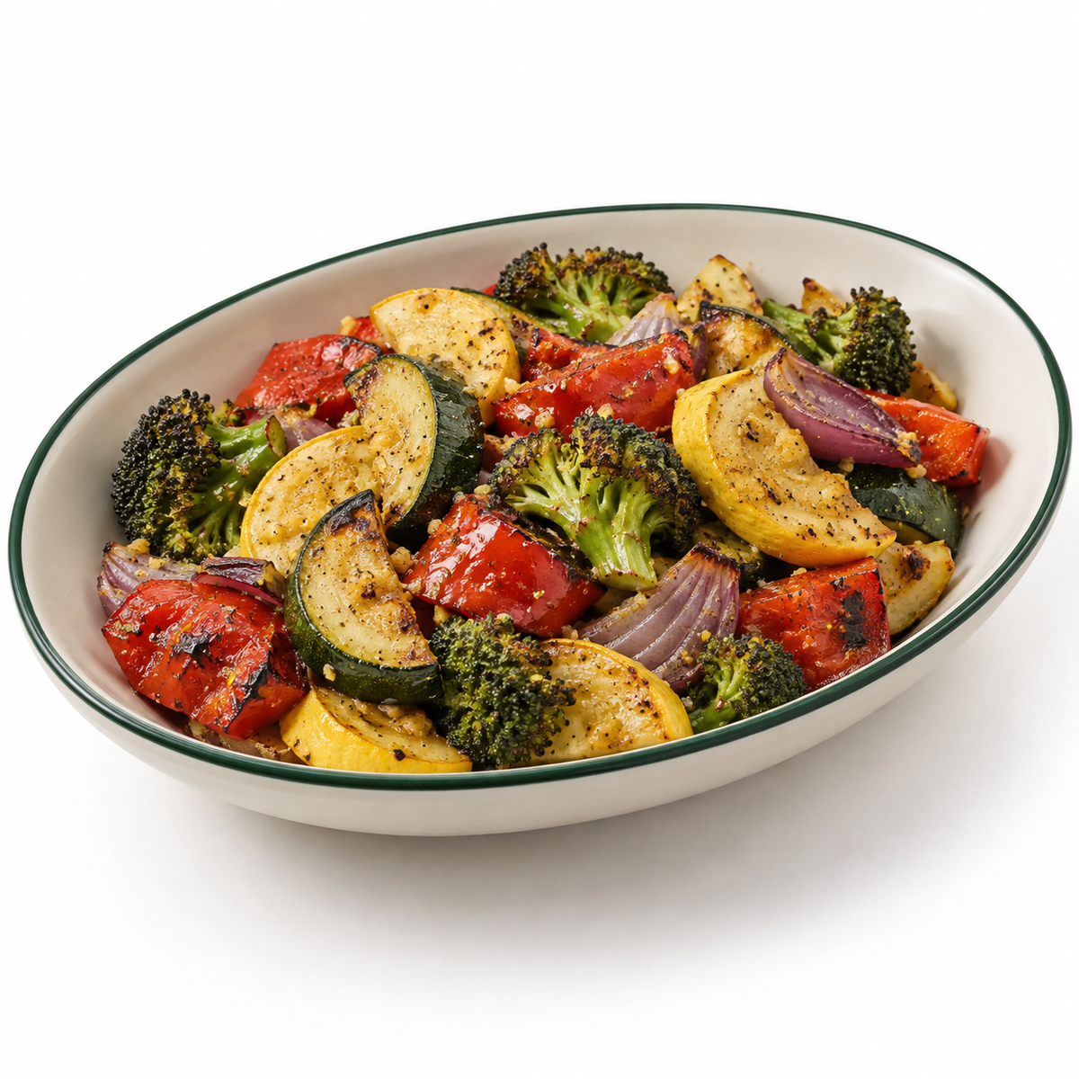 Fire-roasted mixed vegetables with nutritional yeast in an ivory oval dish on white