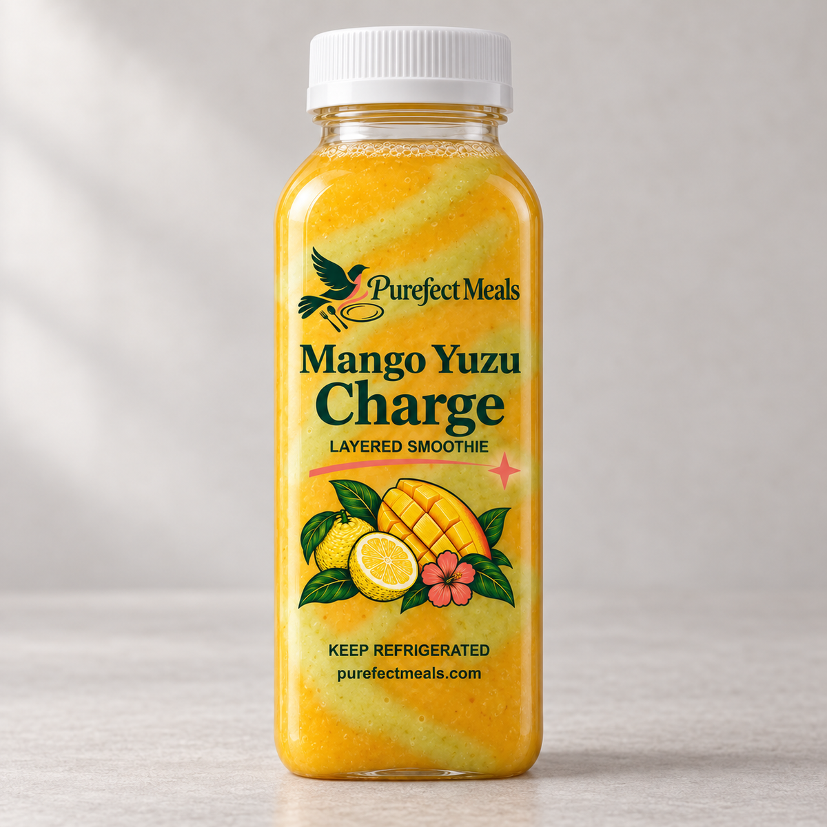 Purefect Meals mango yuzu layered smoothie in slim bottle with clear botanical label