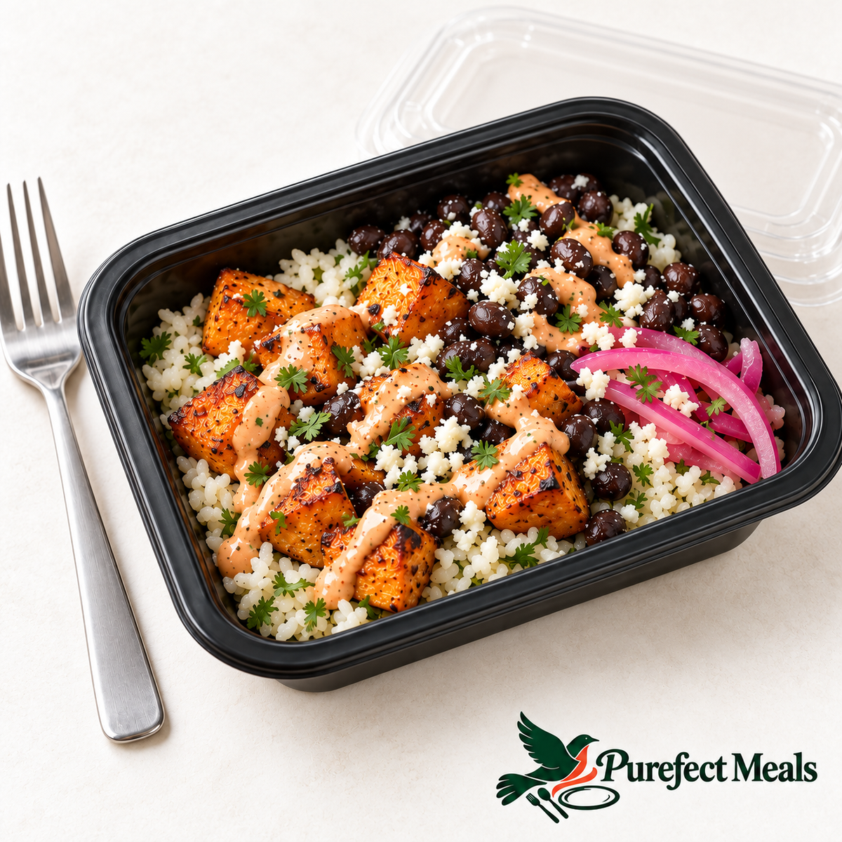 Roasted Sweet Potato & Black Bean, served in a compact black grab-and-go tray with a clear lid. AI-generated serving illustration.