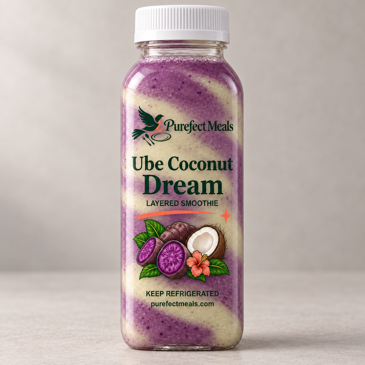 Purefect Meals ube coconut layered smoothie in slim bottle with clear botanical label