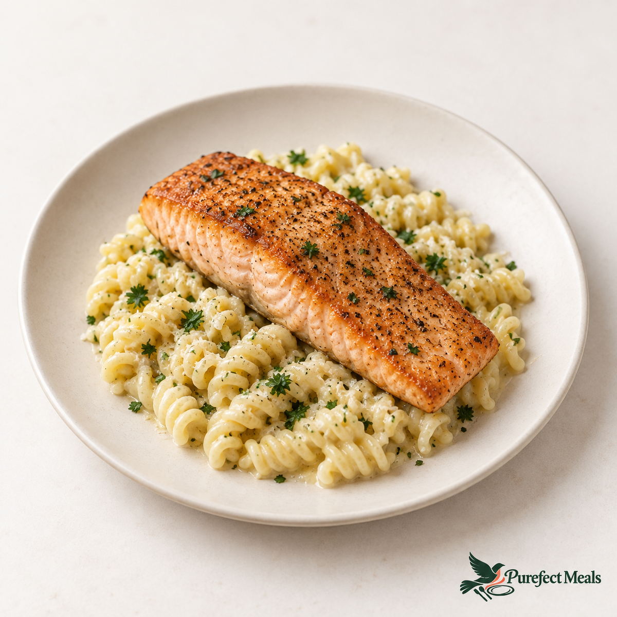Salmon with fusilli Alfredo, fully visible ivory plate on a white background.