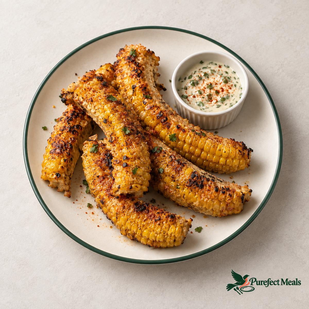 Roasted smoky-lime corn ribs with blistered golden kernels and cilantro–Tajín crema on a contemporary plate