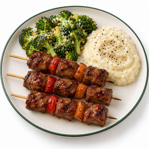 Three sweet chili beef skewers with red and orange peppers, garlic Parmesan broccoli, and black pepper cauliflower mash