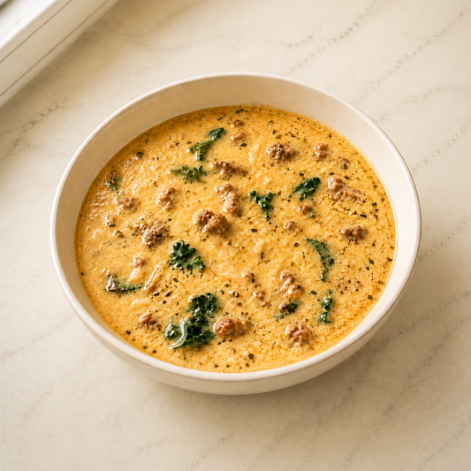 Golden creamy gluten-free Italian sausage and orzo soup with kale, framed to match the Purefect Meals menu