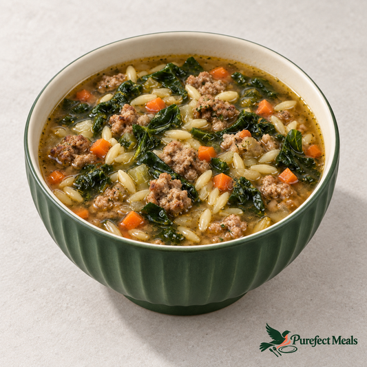 Italian sausage and orzo soup with kale and carrots in a fluted forest-green ceramic bowl on white