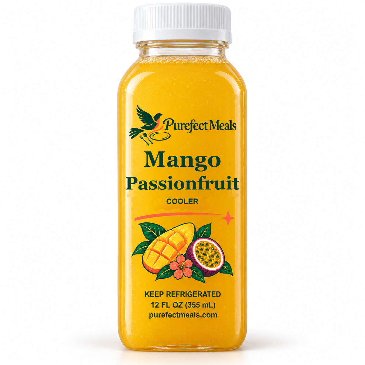 Mango Passionfruit Cooler — Purefect Meals botanical bottle label, 12 oz