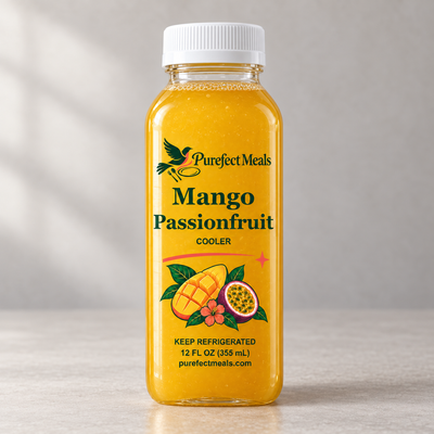 Mango Passionfruit Cooler — Purefect Meals botanical bottle label, 12 oz