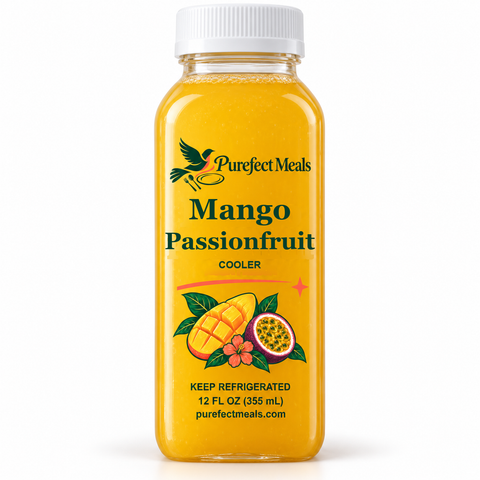 Mango Passionfruit Cooler — Purefect Meals botanical bottle label, 12 oz