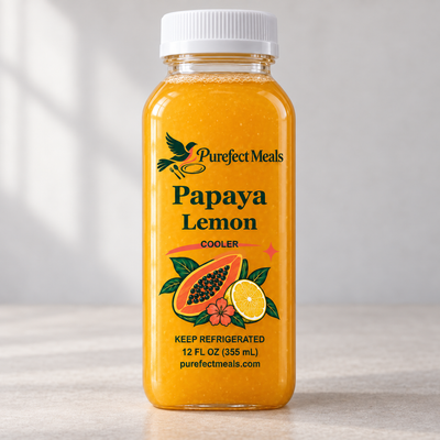 Papaya Lemon Cooler — Purefect Meals botanical bottle label, 12 oz