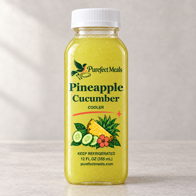Pineapple Cucumber Cooler — Purefect Meals botanical bottle label, 12 oz