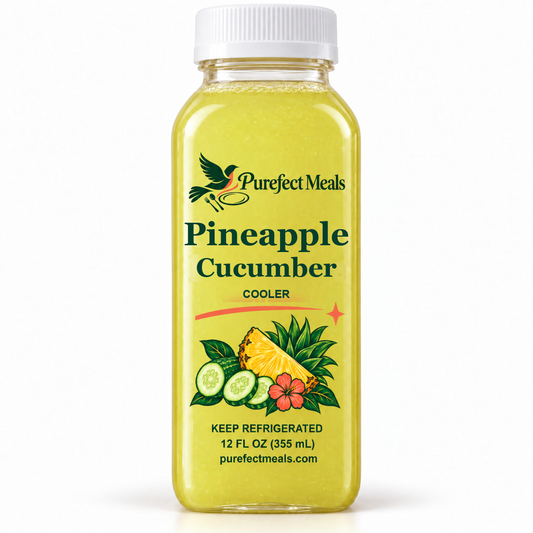 Pineapple Cucumber Cooler — Purefect Meals botanical bottle label, 12 oz