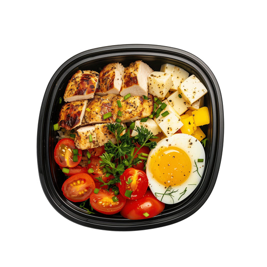 Protein Bowl: Hard Boiled Egg, Cubed Cheese, Baby Tomatoes, and Seared Chicken