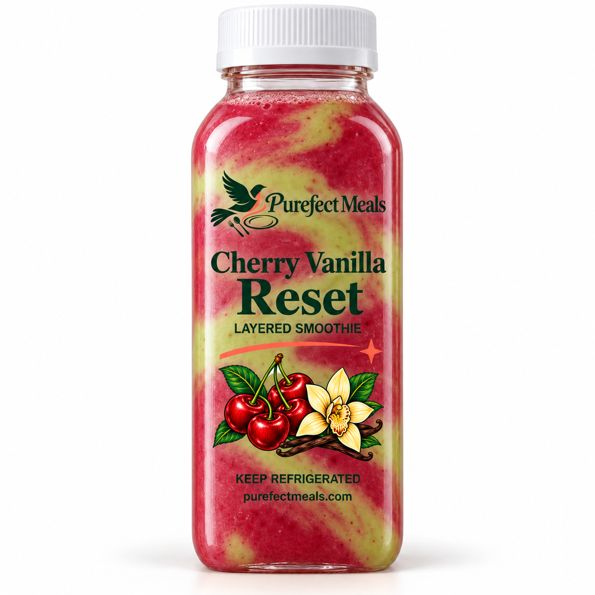 Purefect Meals cherry vanilla layered smoothie in slim bottle with clear botanical label