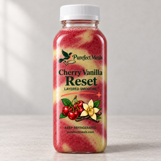 Purefect Meals cherry vanilla layered smoothie in slim bottle with clear botanical label