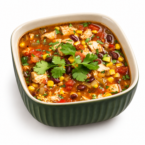 Chicken tortilla soup in a fluted forest-green ceramic bowl with an ivory interior on a white background