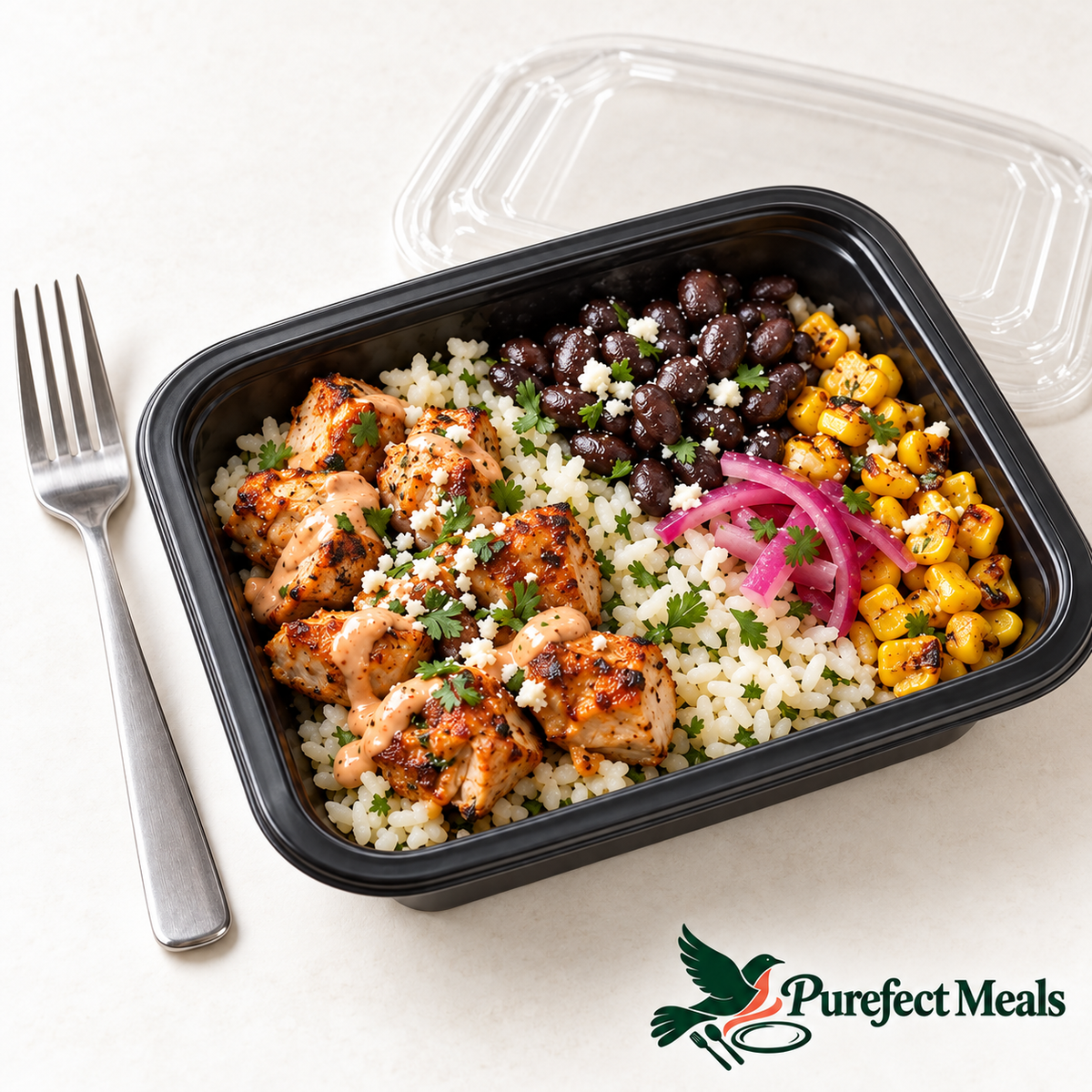 Smoky Chipotle Chicken, served in a compact black grab-and-go tray with a clear lid. AI-generated serving illustration.