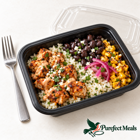 Smoky Chipotle Chicken, served in a compact black grab-and-go tray with a clear lid. AI-generated serving illustration.