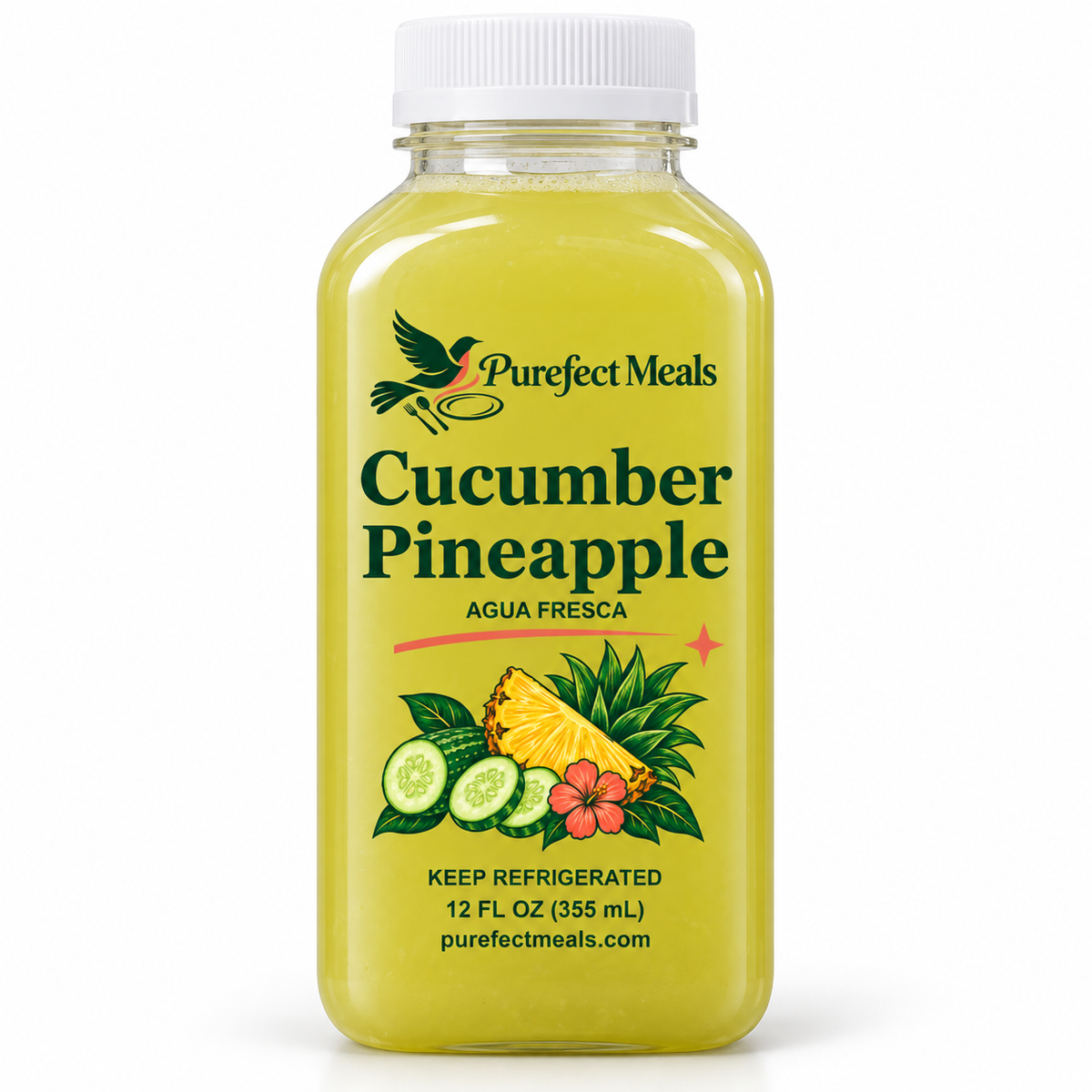 Purefect Meals cucumber drink with clear botanical label