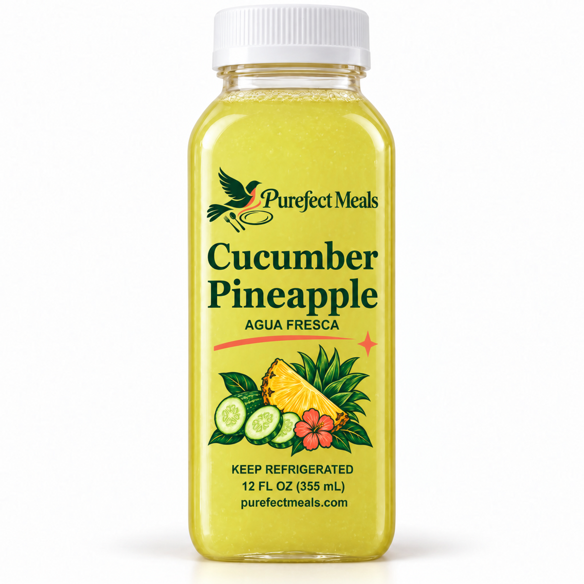 Purefect Meals cucumber in slim bottle with clear botanical label