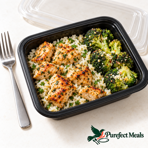 Lemon Herb Chicken & Rice, served in a compact black grab-and-go tray with a clear lid. AI-generated serving illustration.