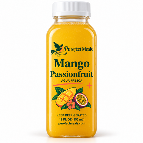 Purefect Meals Mango Passionfruit Agua Fresca bottle with clear botanical label