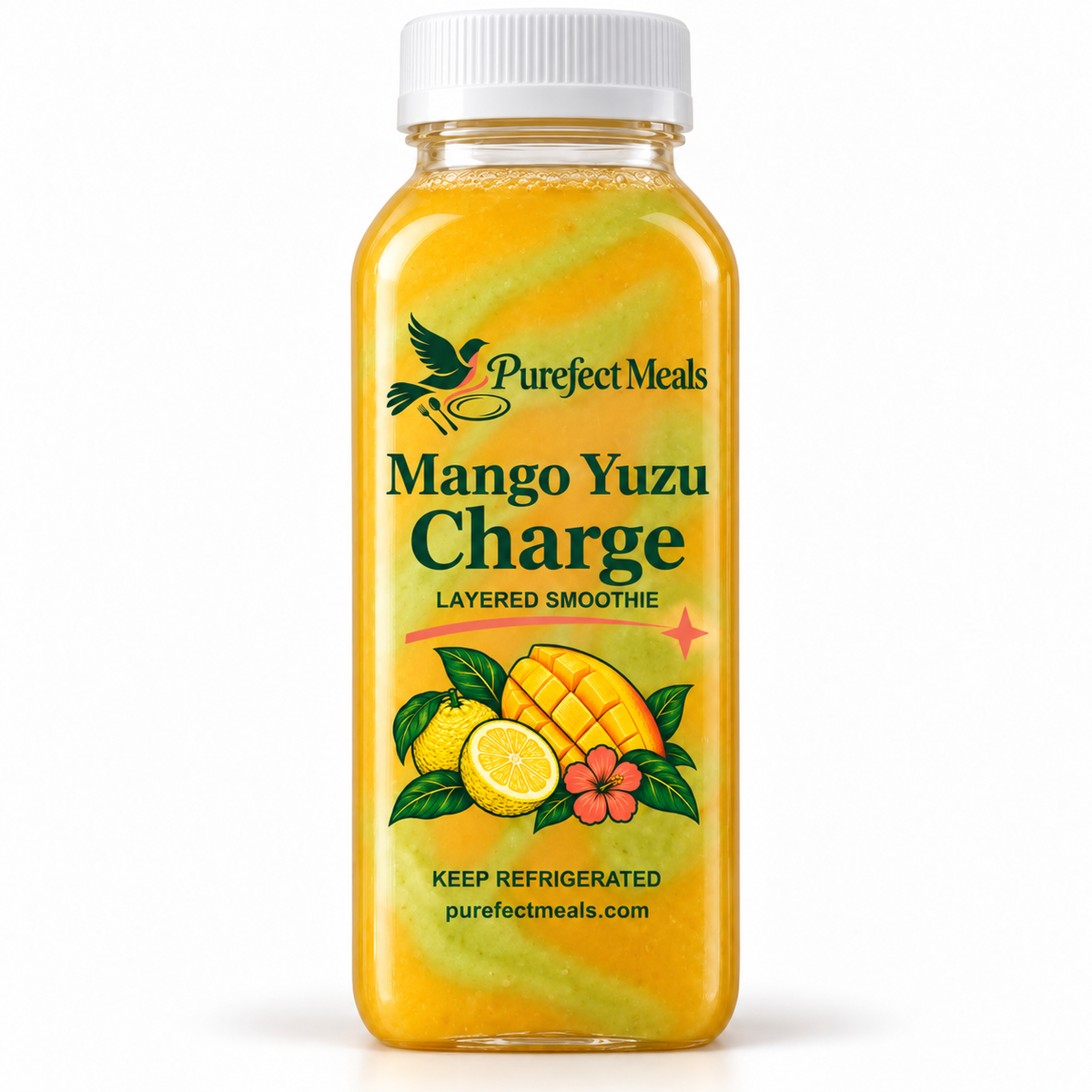 Purefect Meals mango yuzu layered smoothie in slim bottle with clear botanical label