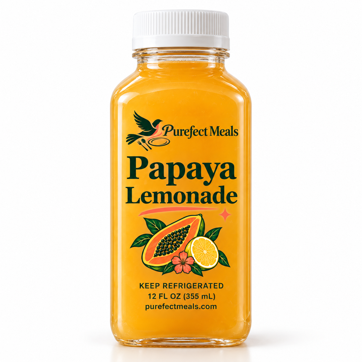 Purefect Meals Papaya Lemonade bottle with clear botanical label