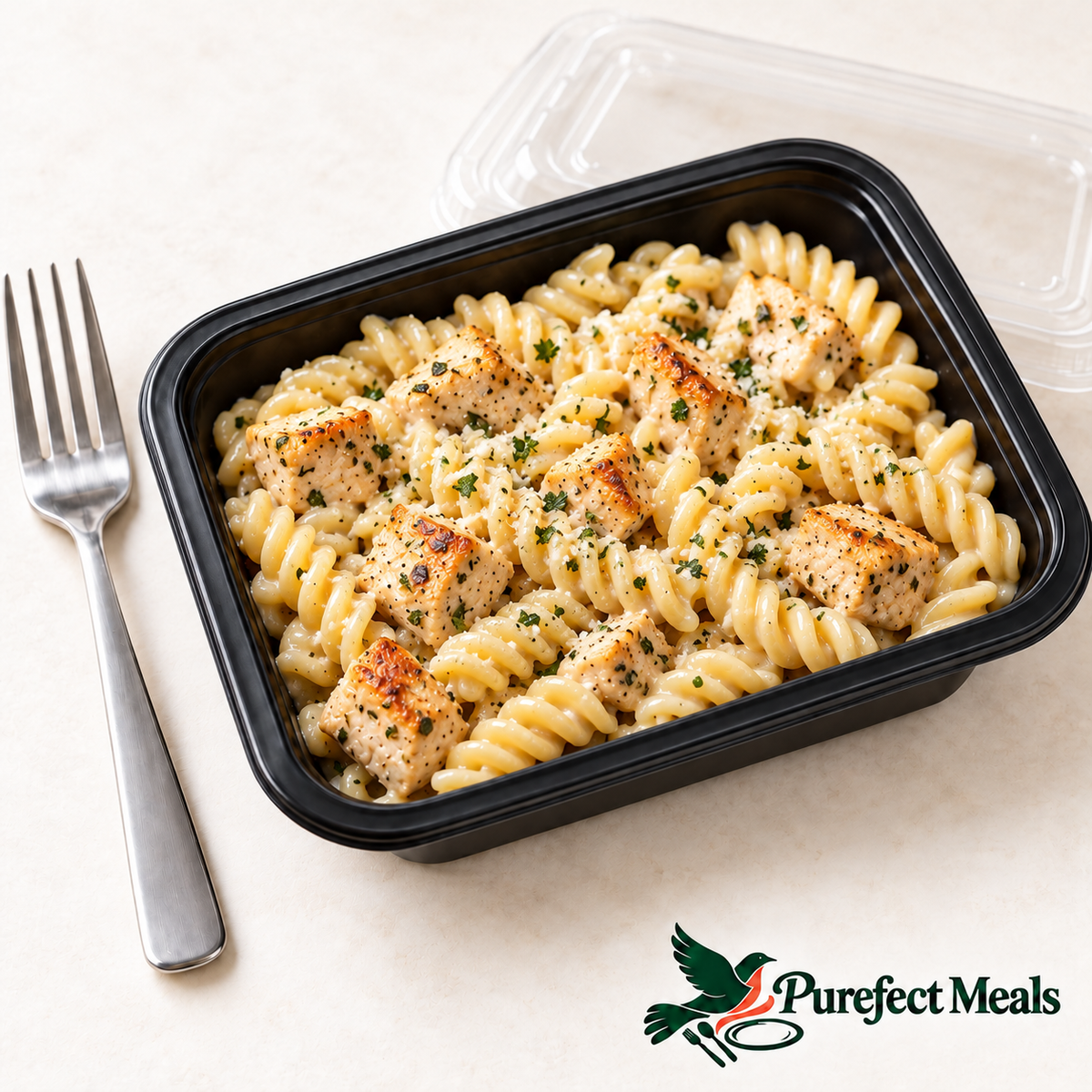 Lemon Herb Chicken Alfredo in a compact black 12 fl oz grab-and-go container with clear lid and official Purefect Meals logo.
