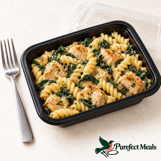 Creamy Tuscan chicken fusilli in a compact black 12 fl oz grab-and-go container with clear lid and official Purefect Meals logo.