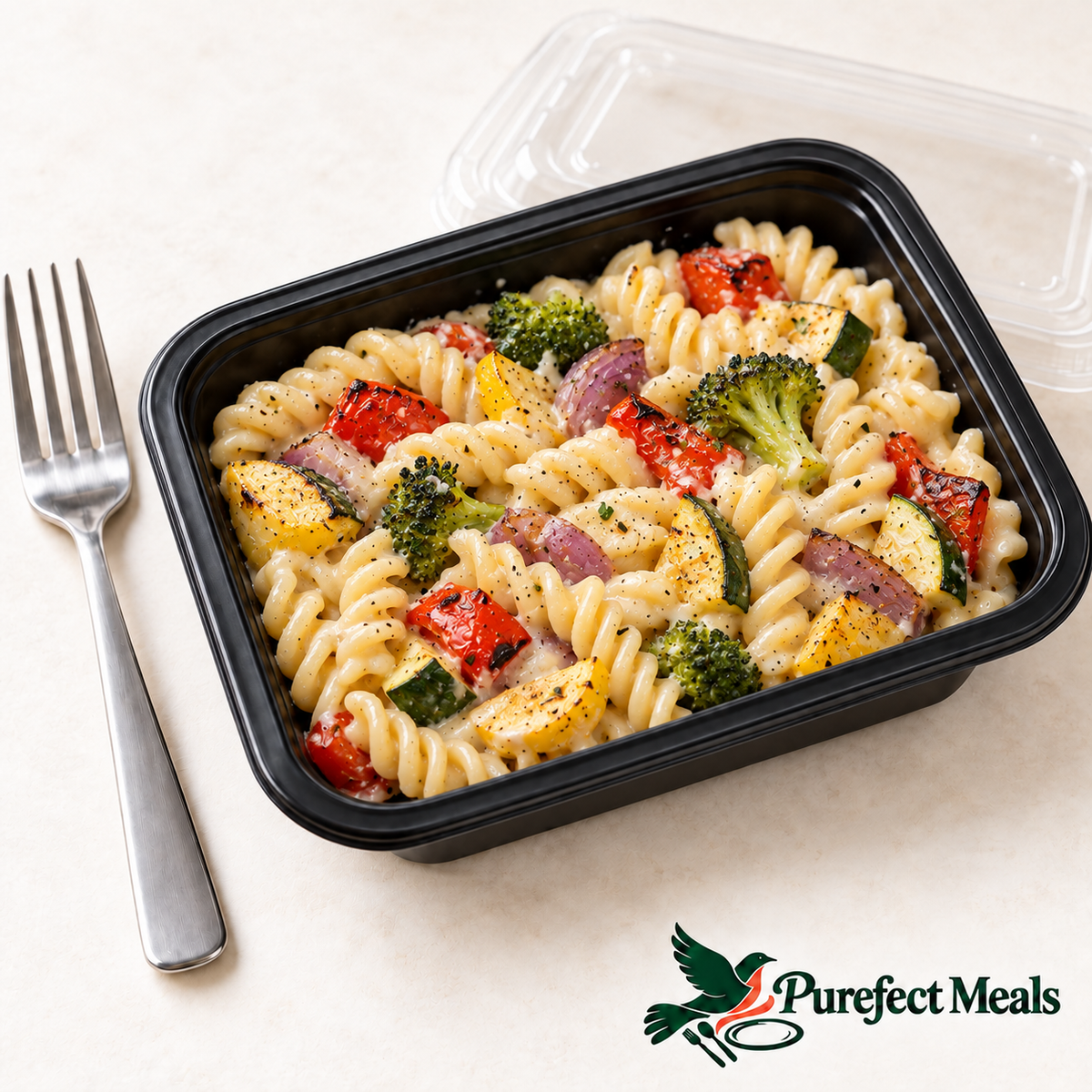 Fire-Roasted Vegetable Alfredo in a compact black 12 fl oz grab-and-go container with clear lid and official Purefect Meals logo.