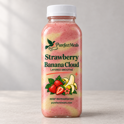Purefect Meals strawberry banana in slim bottle with clear botanical label