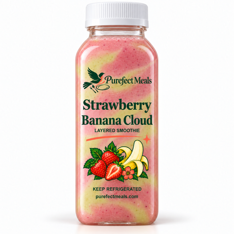 Purefect Meals strawberry banana in slim bottle with clear botanical label