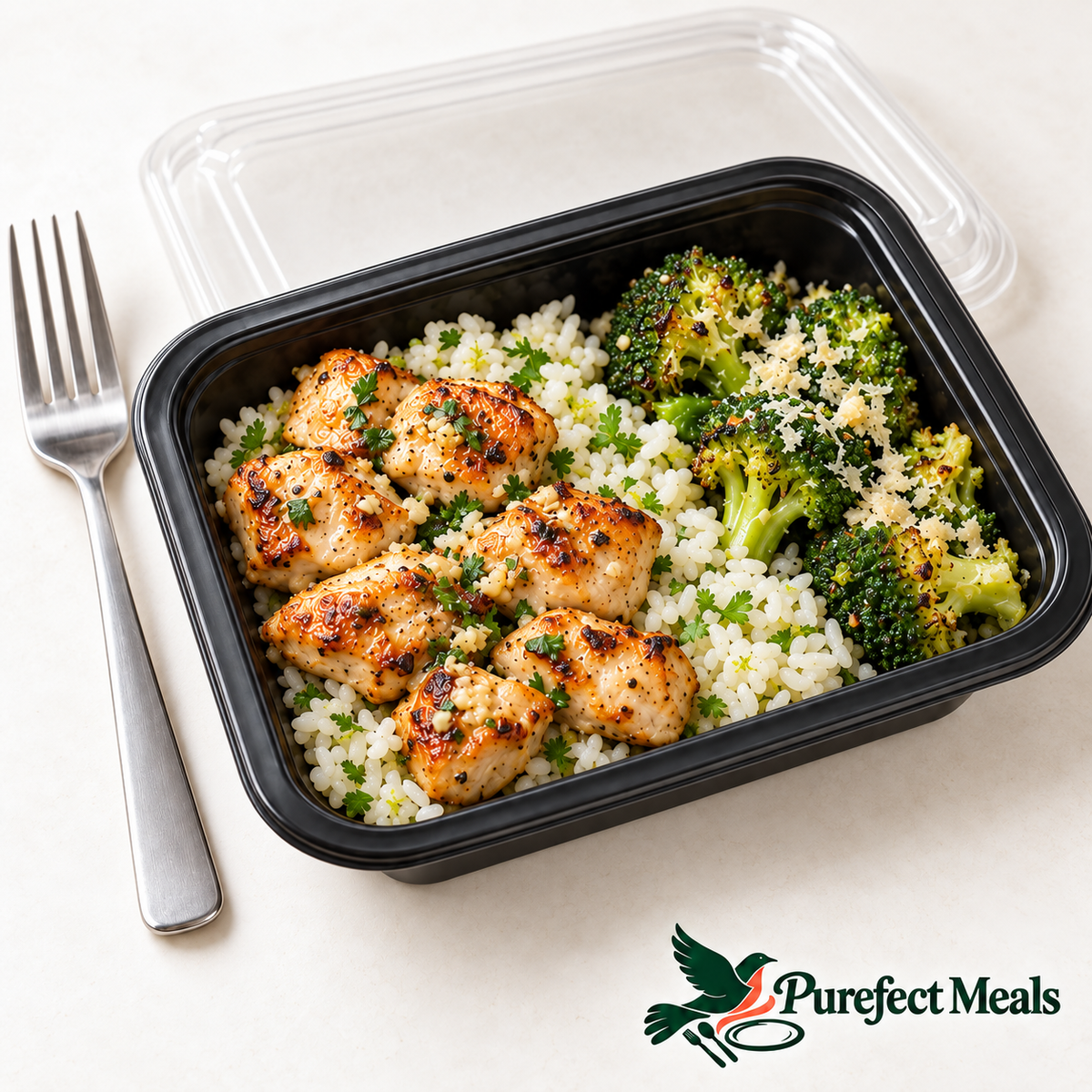 Truffle Butter Chicken, served in a compact black grab-and-go tray with a clear lid. AI-generated serving illustration.
