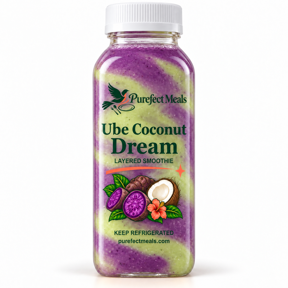 Purefect Meals ube coconut layered smoothie in slim bottle with clear botanical label