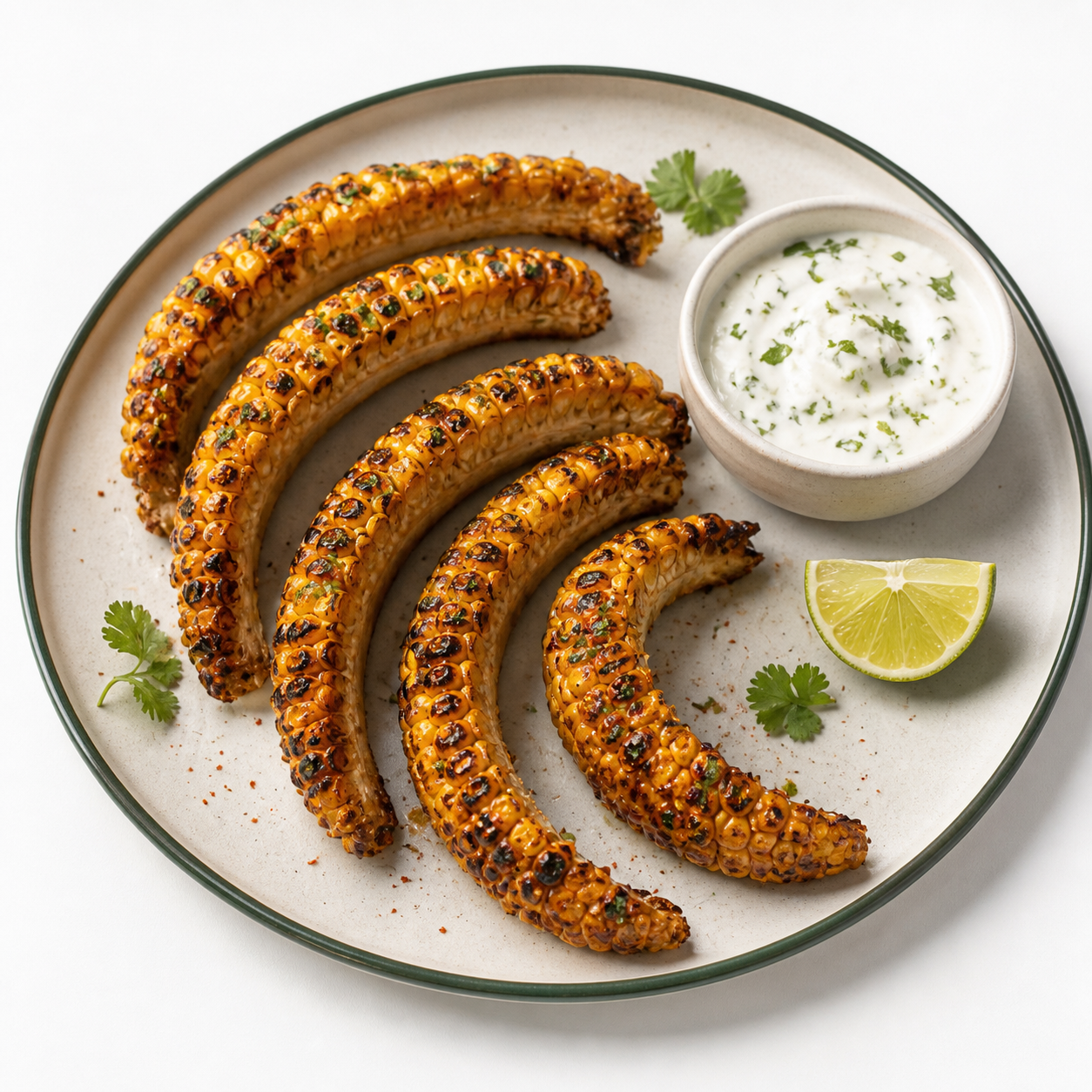 Five deeply curved and charred smoky-lime corn ribs arranged in a flat crescent spread with cilantro + Tajín crema in a separate ramekin