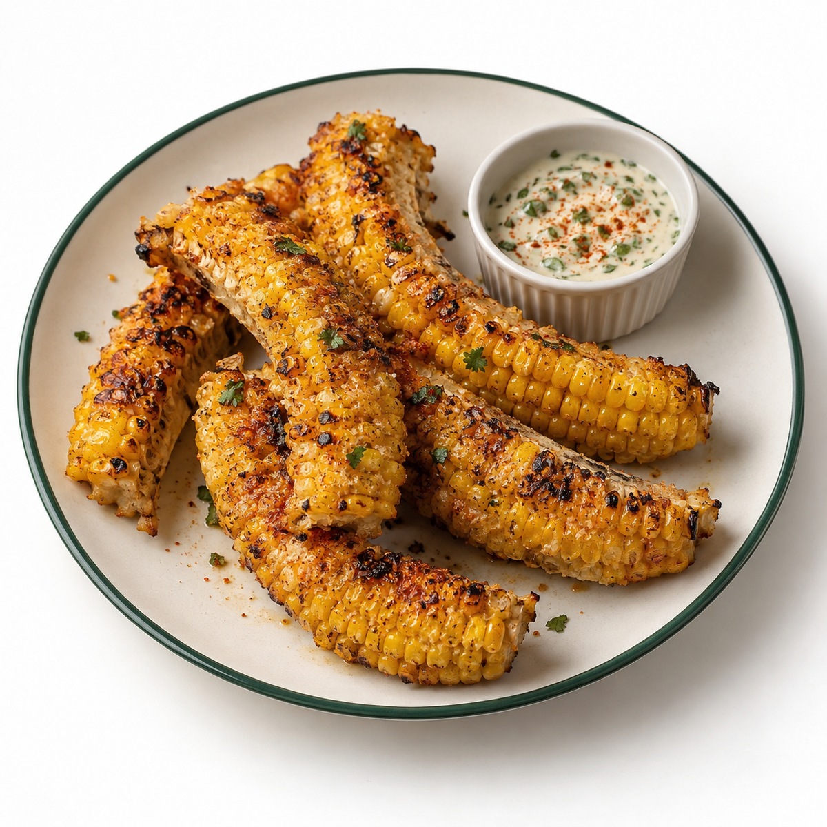 Roasted smoky-lime corn ribs with blistered golden kernels and cilantro–Tajín crema on a contemporary plate