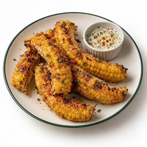 Roasted smoky-lime corn ribs with blistered golden kernels and cilantro–Tajín crema on a contemporary plate