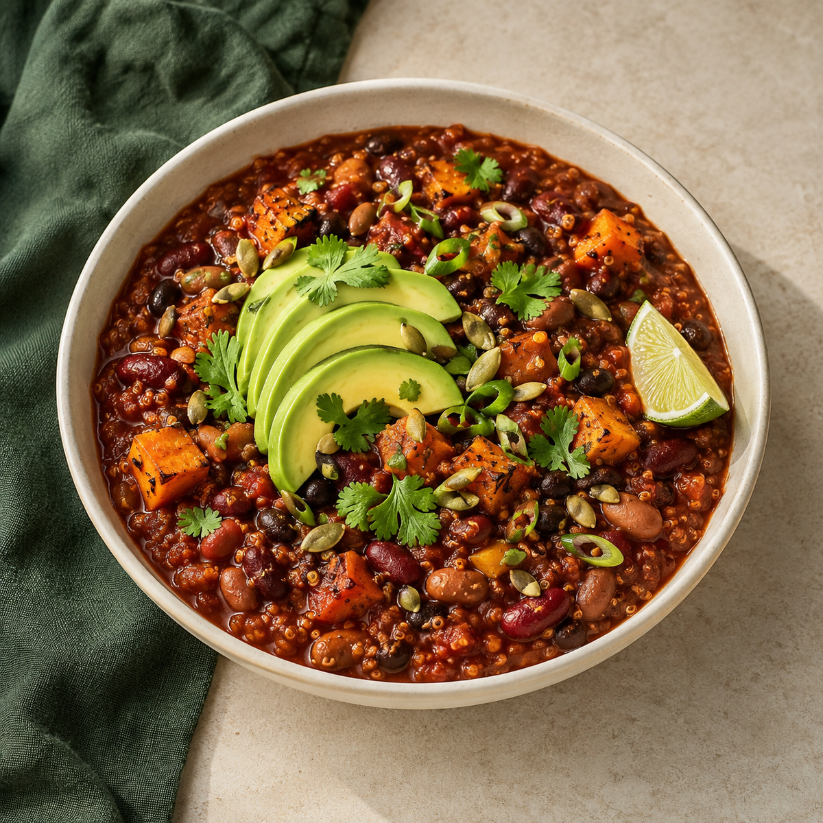 Smoky three-bean and roasted sweet potato chili with avocado, pepitas, cilantro, and lime