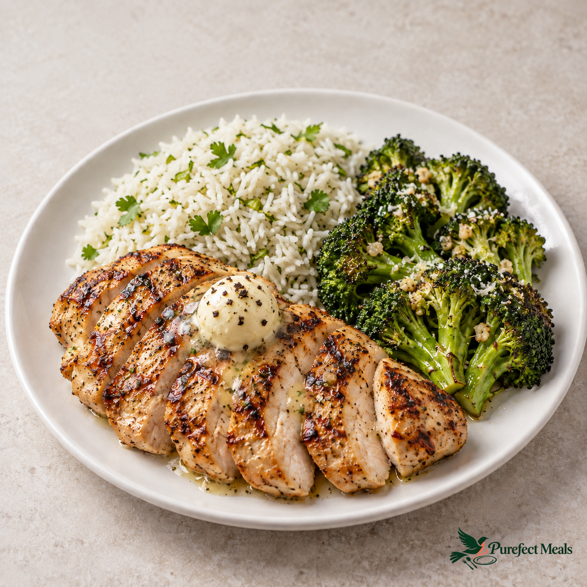Grilled Truffle Butter Chicken with a scoop of truffle-salted butter, Cilantro Lime Rice, and Garlic Parmesan Broccoli. Serving suggestion; choose two sides.