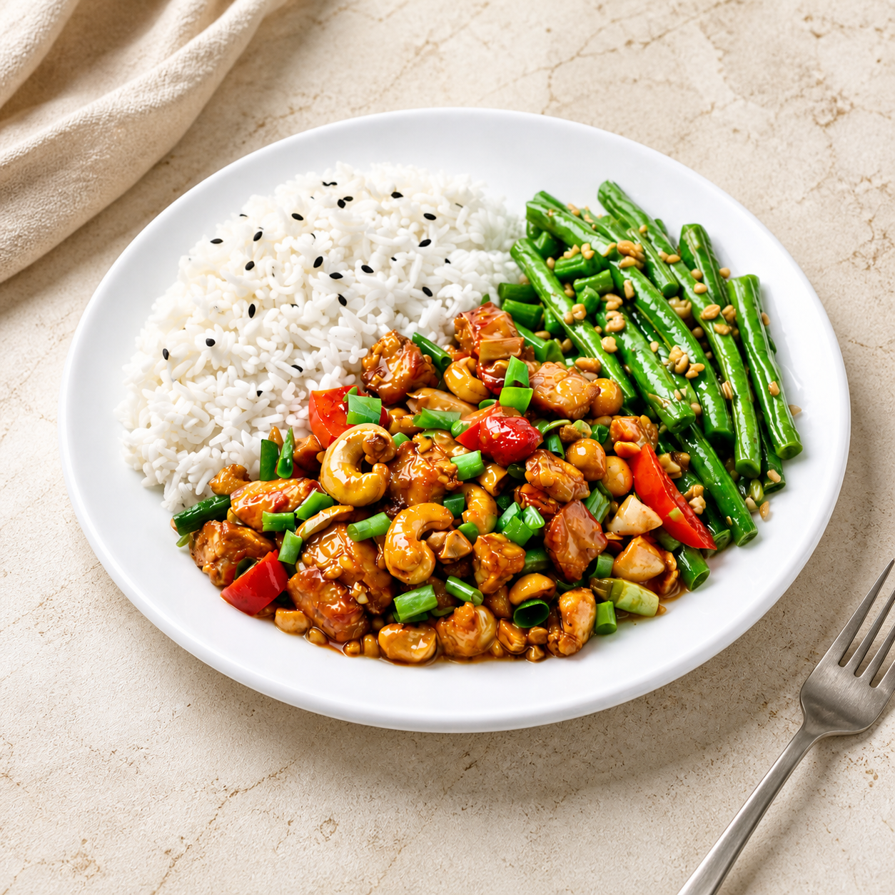 Cashew chicken in a contemporary kitchen setting